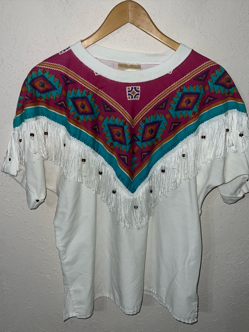 Southwest Style embellished Tshirt Beaded Fringe Shirt Bandana Size Large.